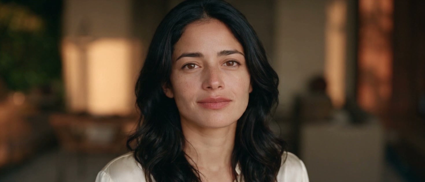 The android in a frontal close-up, smiling, the dining room behind her melting into oval bokeh.