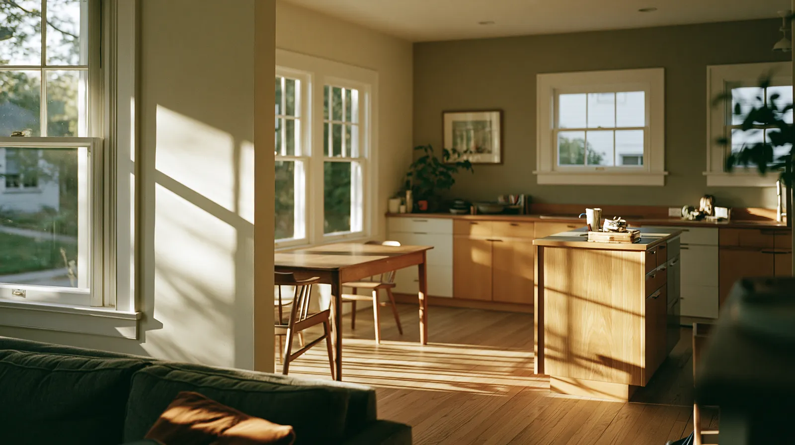 Location created with artificial intelligence by ZerezoFilms AI Studio: a kitchen and dining room with afternoon light through the windows