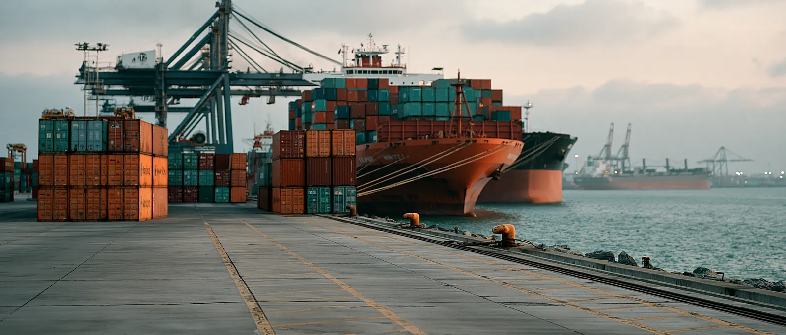 Location created with artificial intelligence by ZerezoFilms AI Studio: a cargo port with containers and ships at sunset