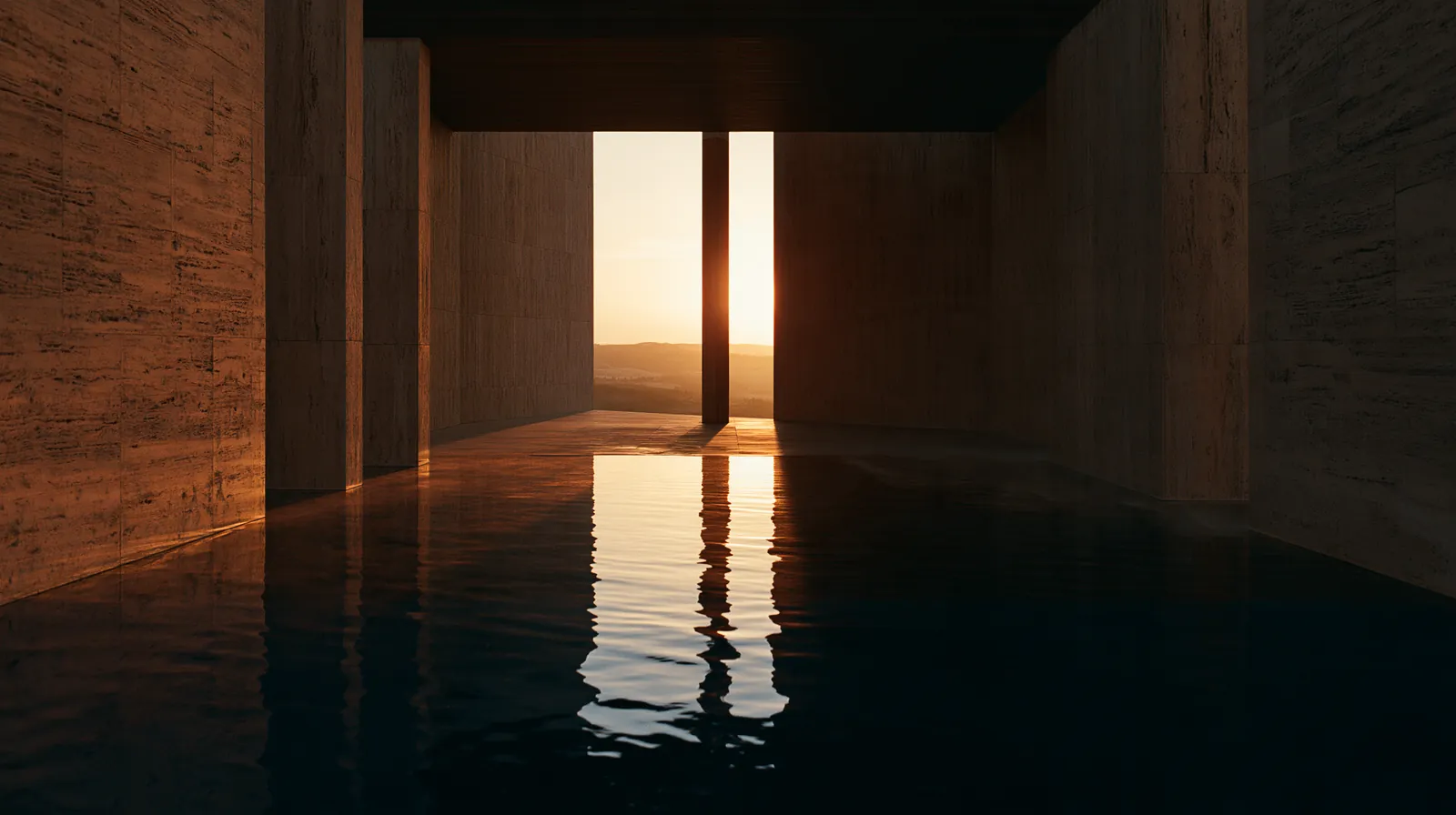 Location created with artificial intelligence by ZerezoFilms AI Studio: a flooded brutalist stone hall with sunset light coming through an opening