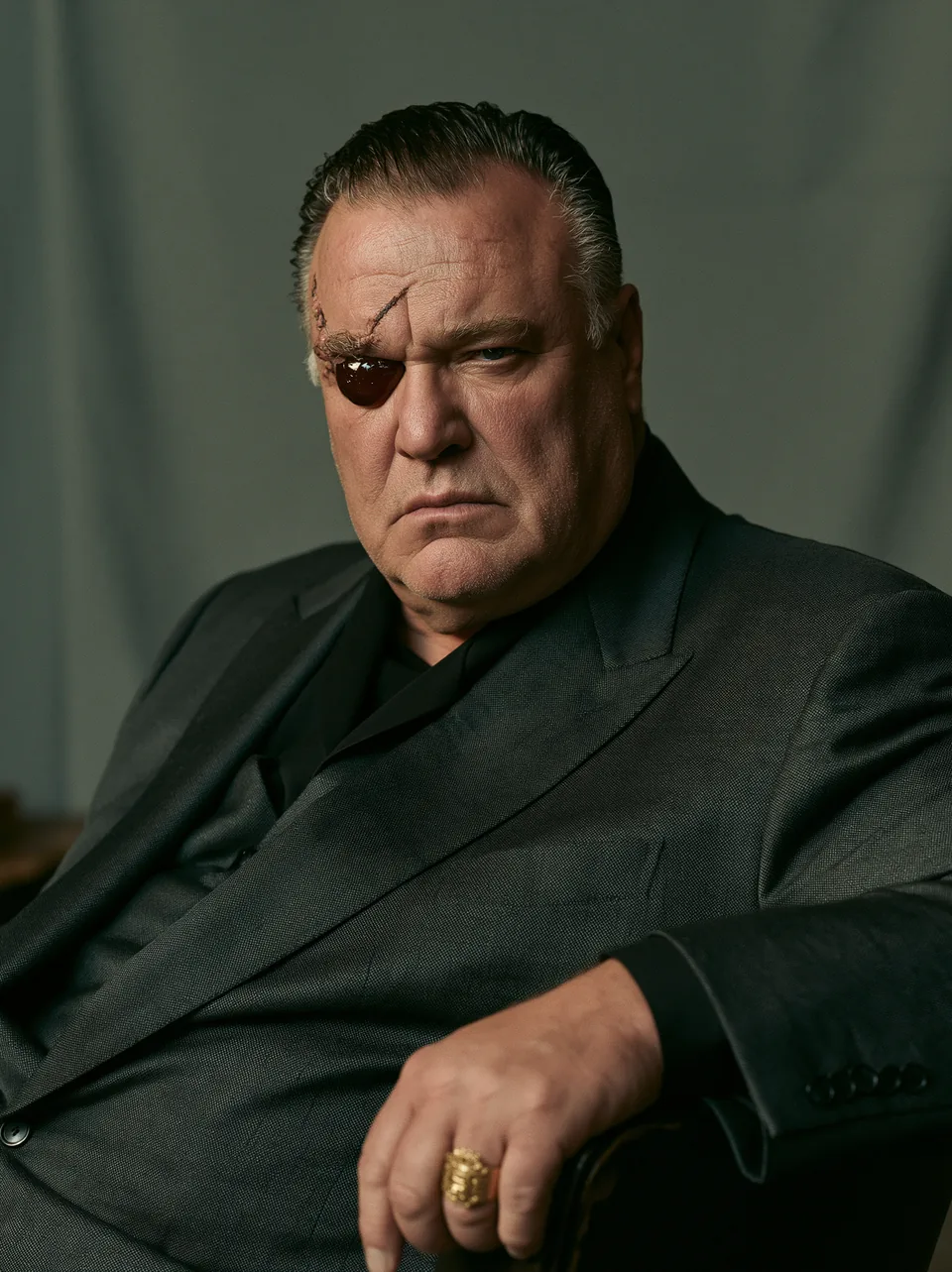Character designed with artificial intelligence by ZerezoFilms AI Studio: the Zerezo Air antagonist, a heavy-set man with an eye patch and a dark jacket