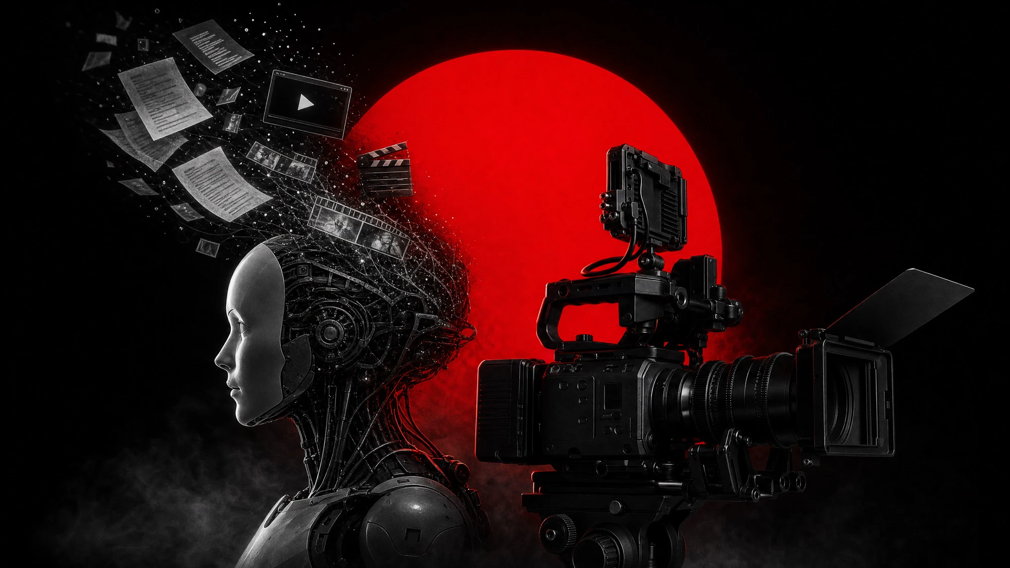 ZerezoFilms AI filmmaking: an android with scripts and frames emerging from it next to a cinema camera in front of a red moon