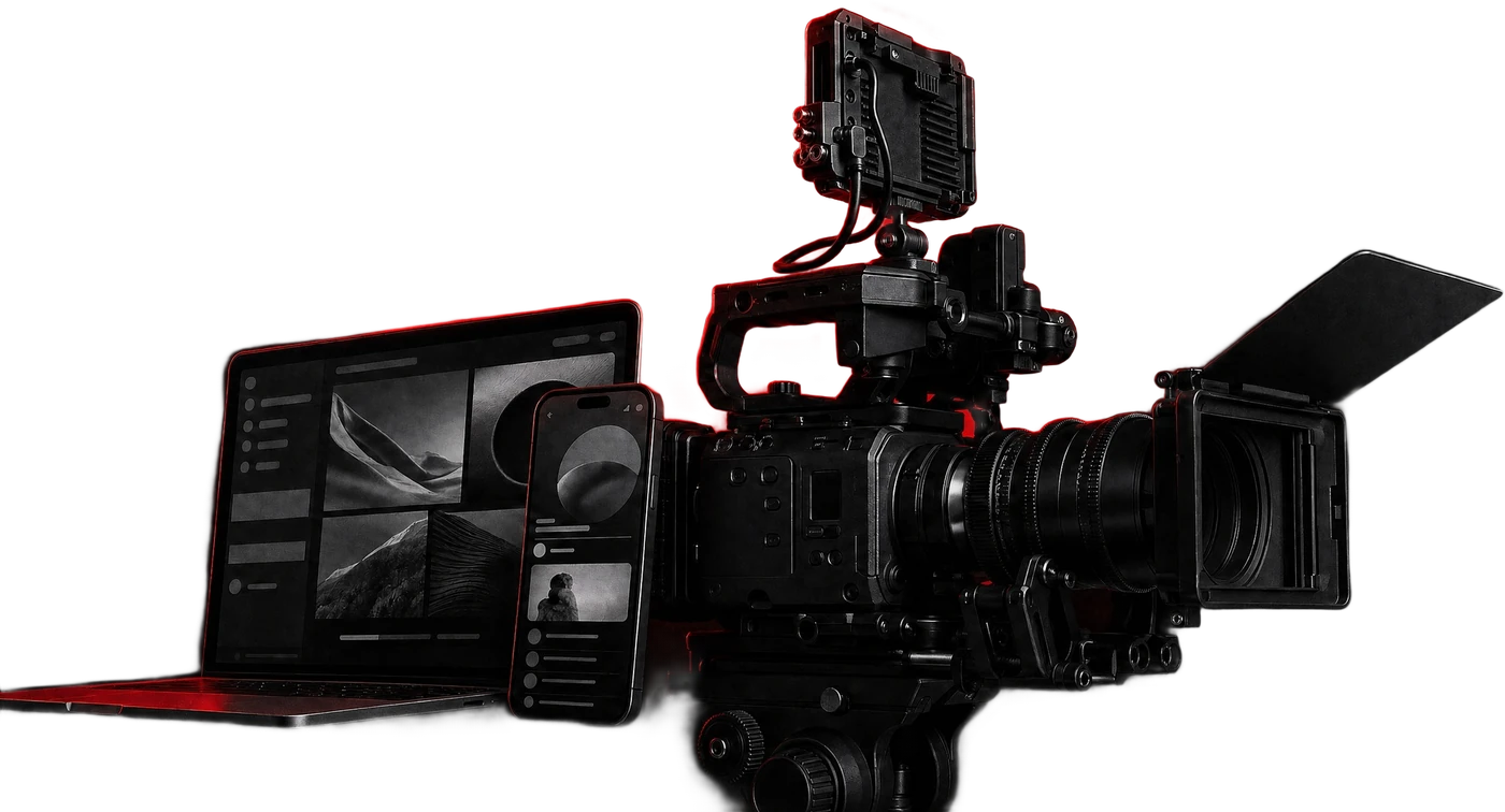 ZerezoFilms digital content production: cinema camera next to a laptop and smartphone showing social media content in front of a red moon