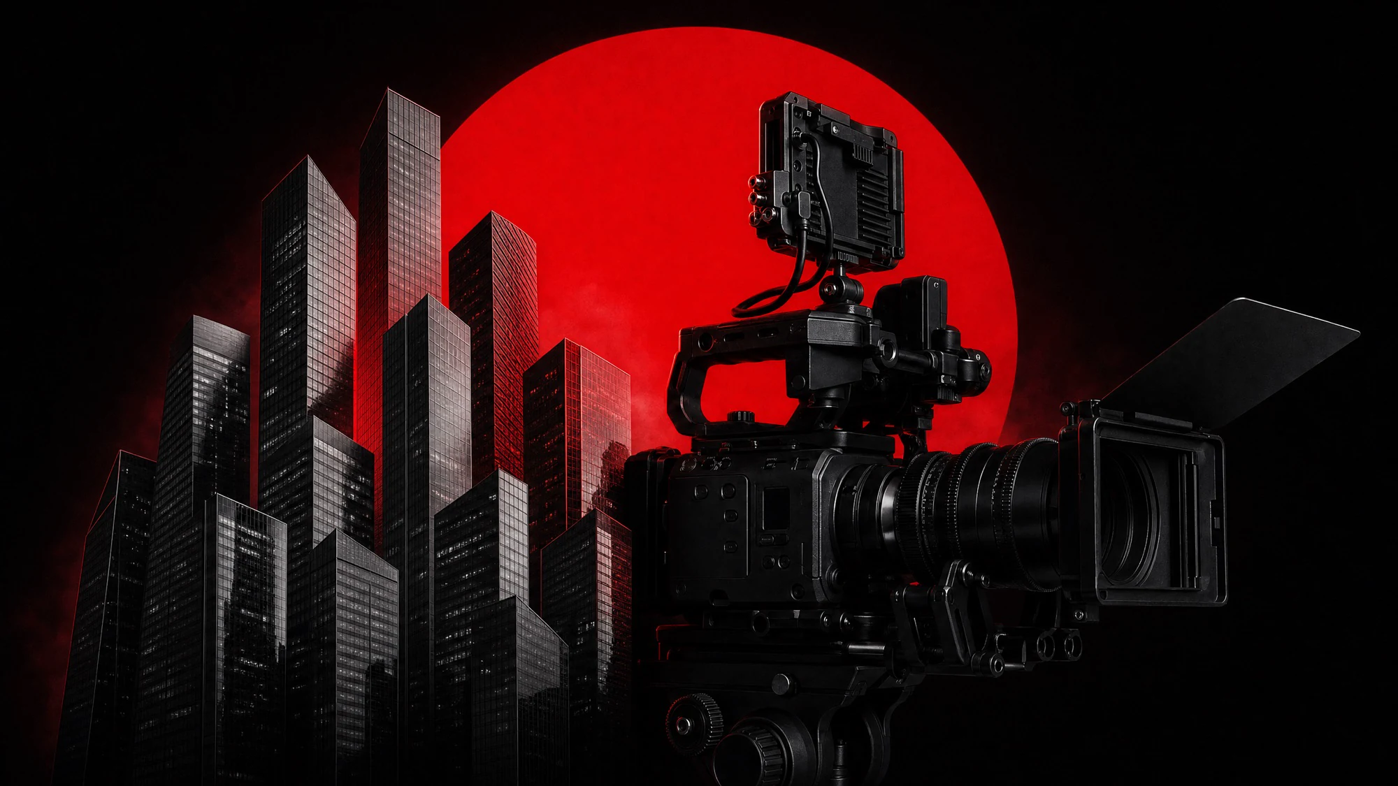 ZerezoFilms corporate video: cinema camera in front of a skyline of corporate skyscrapers under a red moon