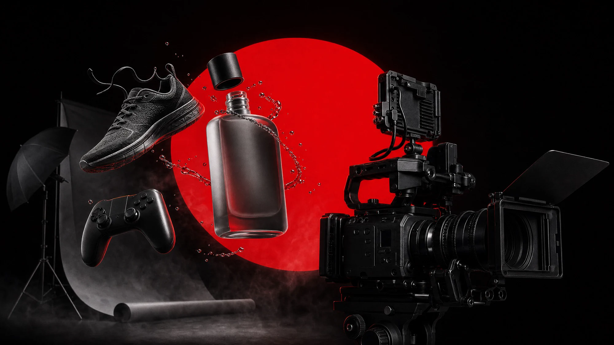 Fotografía de campaña de ZerezoFilms: set de estudio con productos flotando (tenis, fragancia y control de videojuego) y cámara de cine frente a una luna roja
