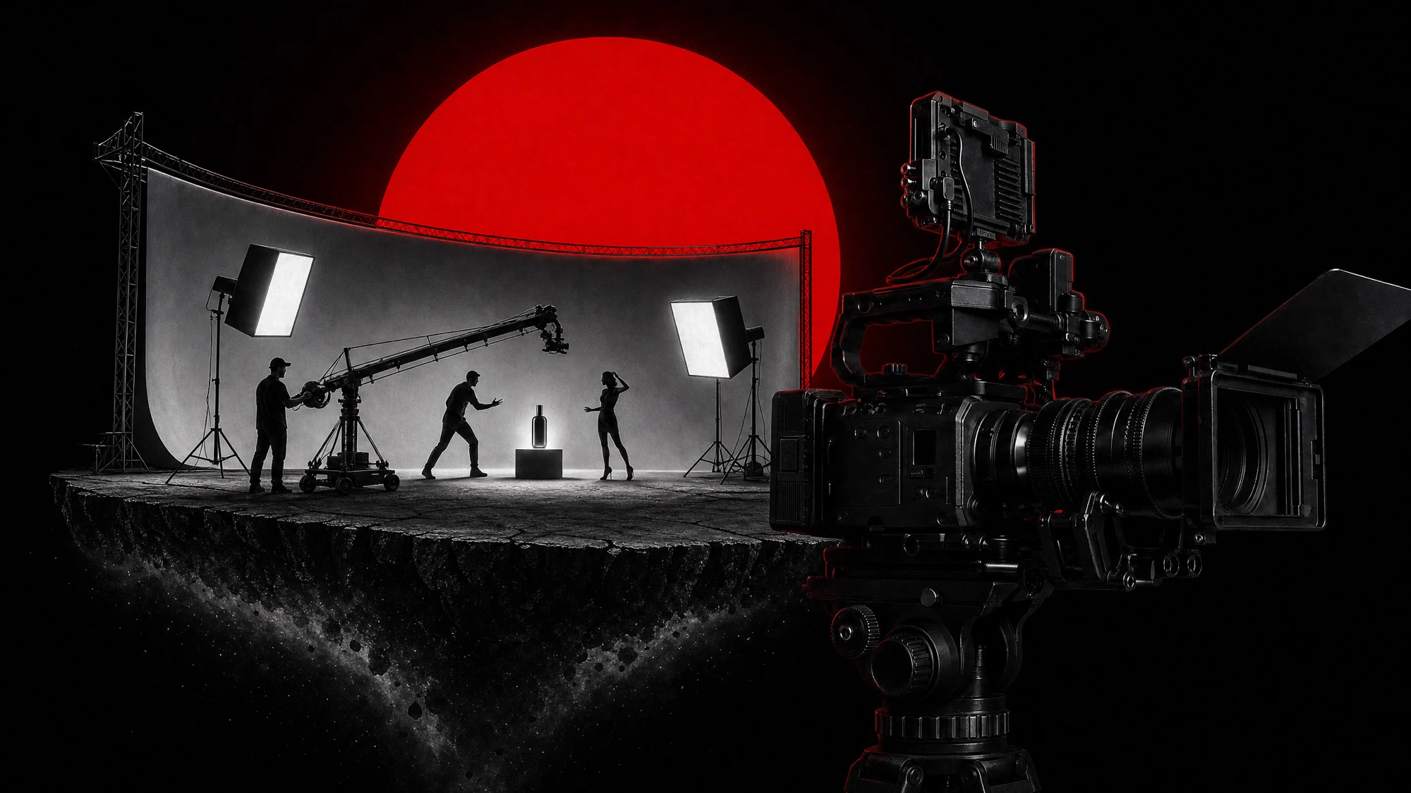 ZerezoFilms advertising spot production: film set with a camera crane, professional lighting and talent in front of a red moon