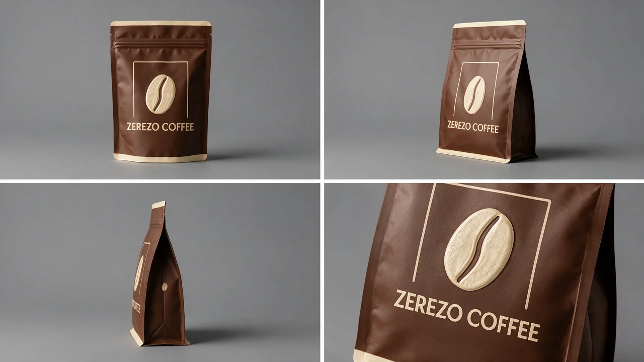 Zerezo Coffee packaging design: brown coffee bag with the embossed bean, in four views