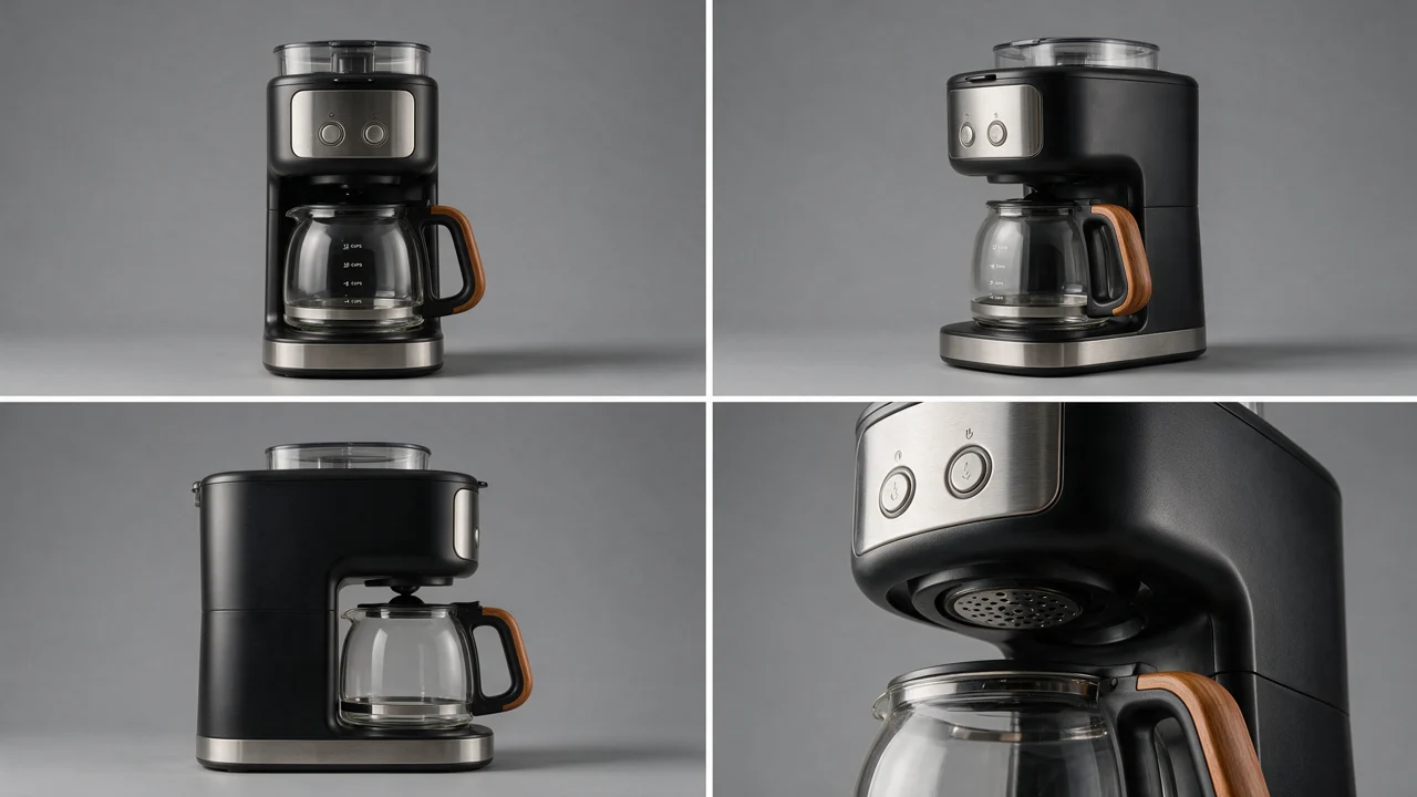 Product design for the Zerezo Coffee spot: black coffee maker with steel and wood details, in four views