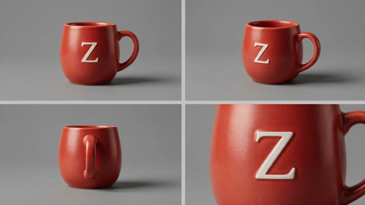 Product design for the Zerezo Coffee spot: red ceramic mug with the brand's raised Z, in four views
