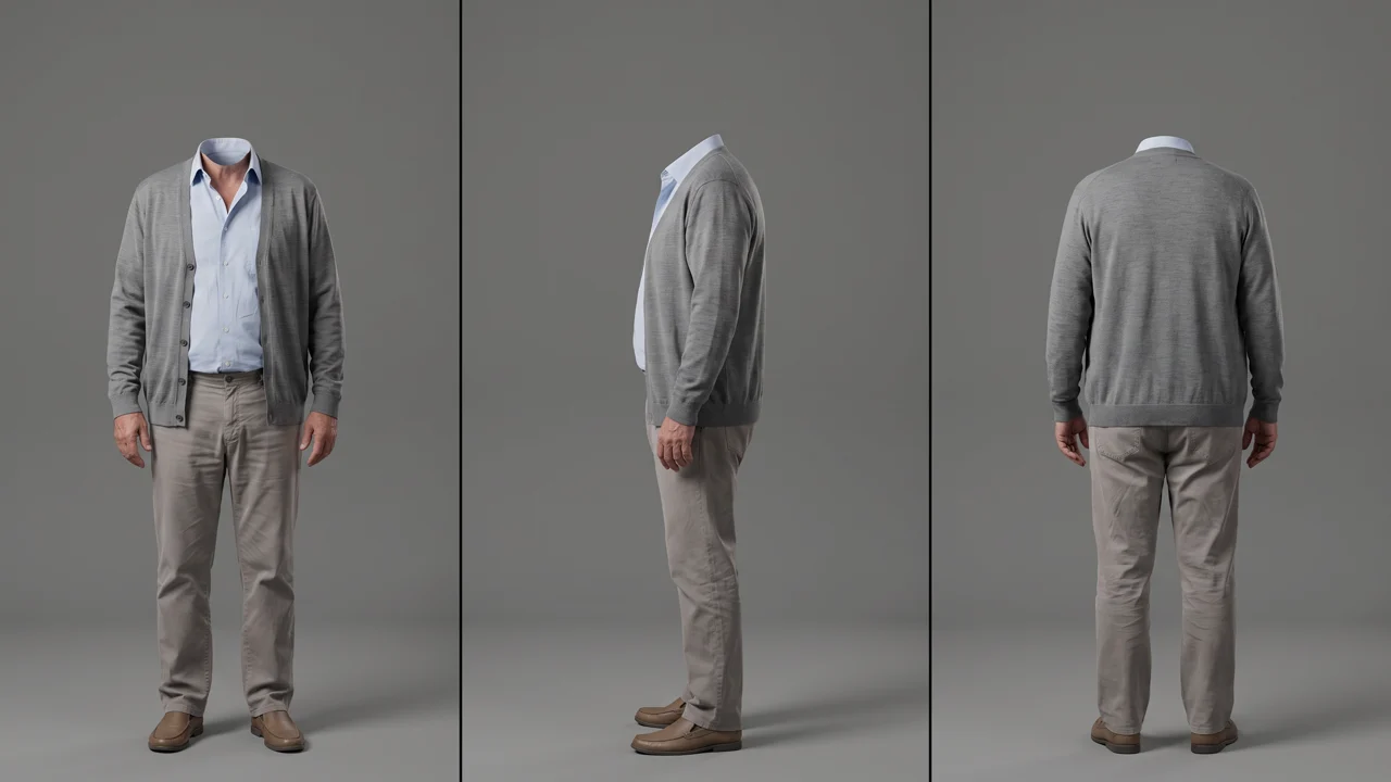 Wardrobe design for the Zerezo Coffee spot produced by ZerezoFilms AI Studio: grey cardigan in front, profile and back views