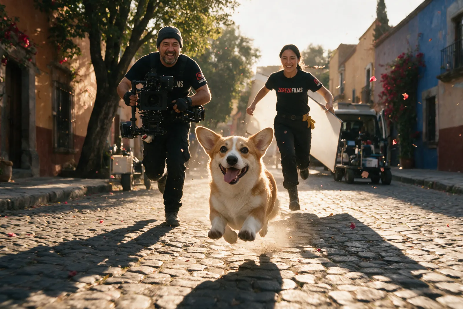 Imagen generada con IA: un corgi corre por una calle empedrada de la Ciudad de México con el camarógrafo y el gaffer detrás
