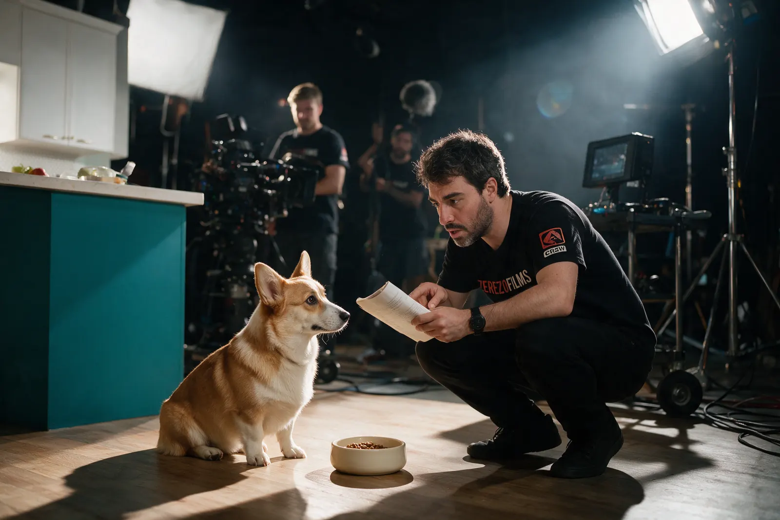 Imagen generada con IA: el director explica el guion a un corgi en un set de cocina con cámara y crew al fondo