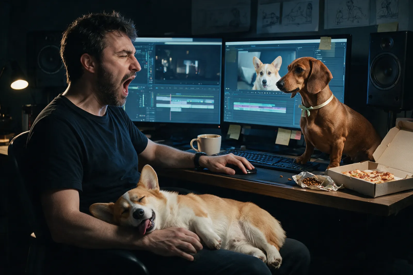 Imagen generada con IA: el director editando de madrugada con el corgi dormido en las piernas