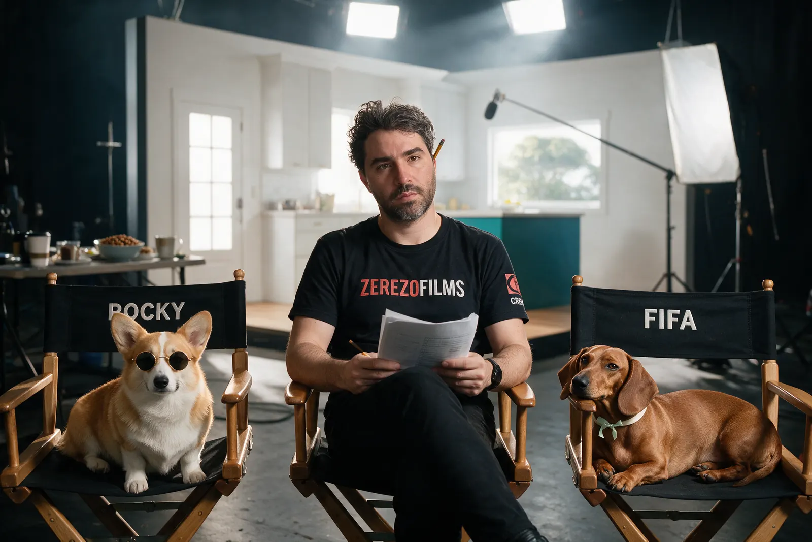 Imagen generada con IA: tres sillas de director con los nombres Rocky, Director y Fifa