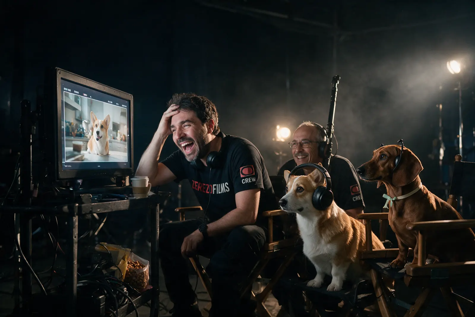 Imagen generada con IA: el director, el sonidista y los dos perros con audífonos frente al monitor del video village