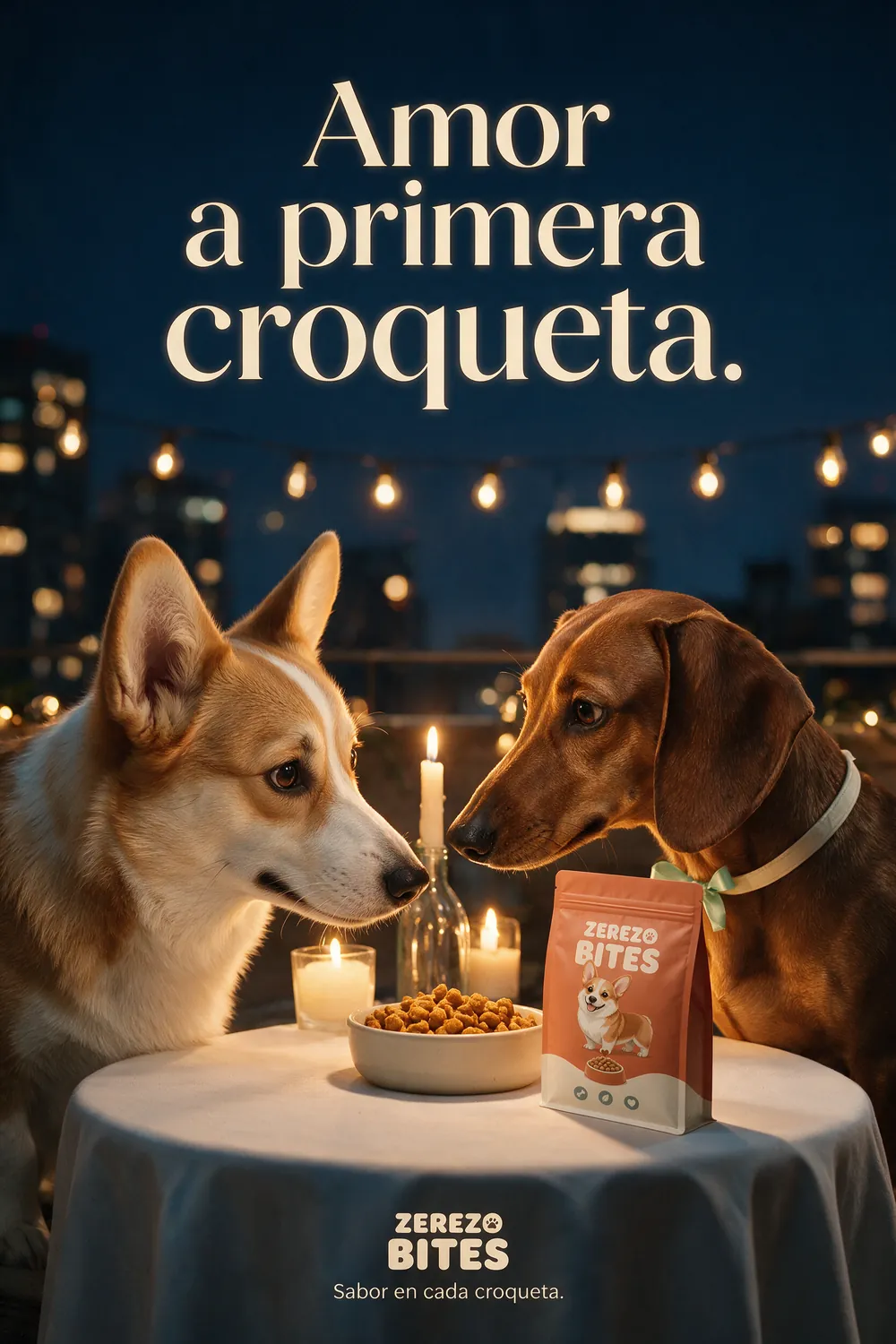 Póster de Zerezo Bites: un corgi y una salchicha nariz con nariz en una cena a la luz de las velas, eslogan Amor a primera croqueta