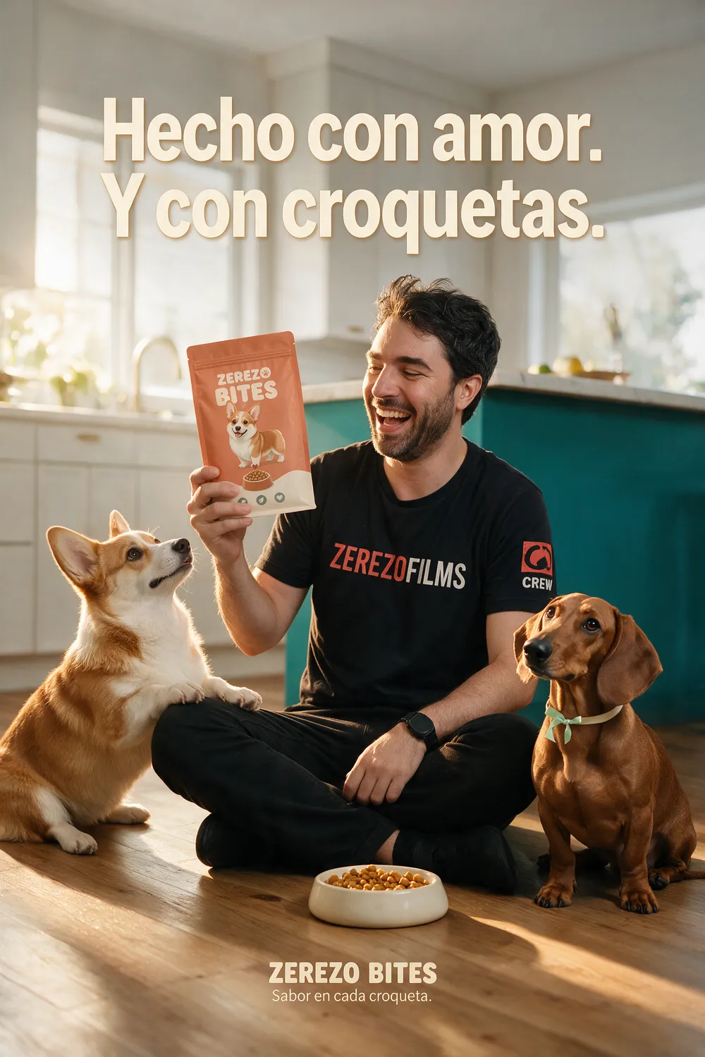 Póster de Zerezo Bites: el director Rubén Zerecero en la cocina con el corgi y la salchicha y la bolsa de croquetas, eslogan Hecho con amor. Y con croquetas.