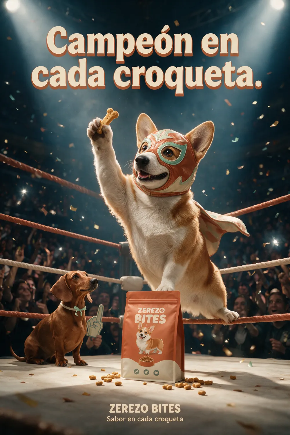 Póster de Zerezo Bites: corgi con máscara de lucha libre en la tercera cuerda de una arena, eslogan Campeón en cada croqueta