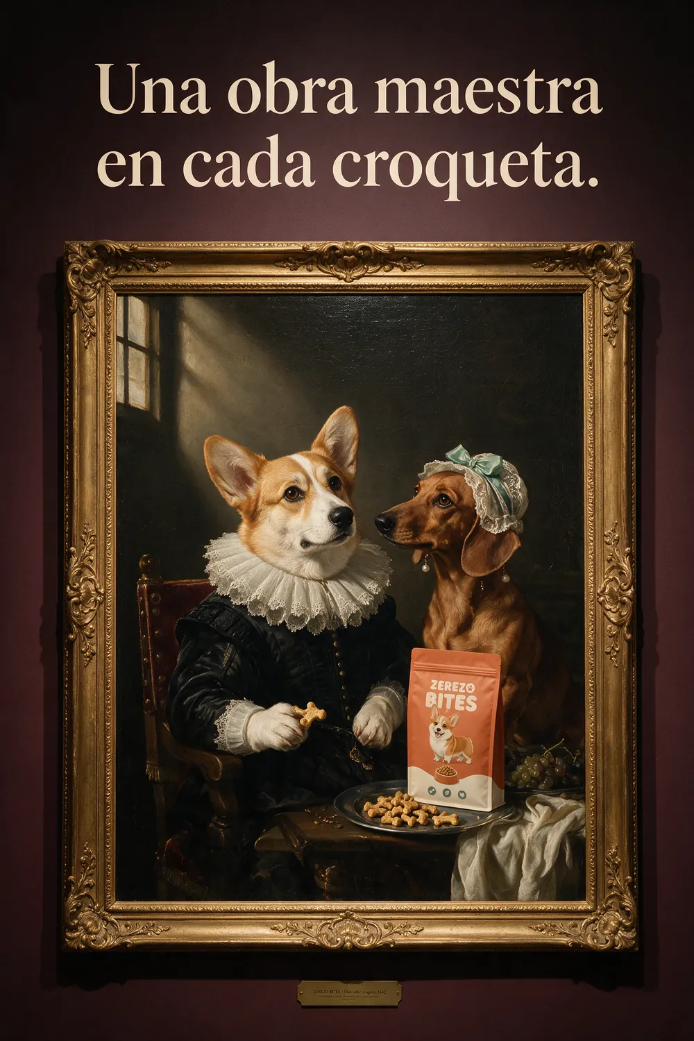 Póster de Zerezo Bites estilo óleo barroco en un museo: corgi con gorguera y salchicha con perlas, eslogan Una obra maestra en cada croqueta