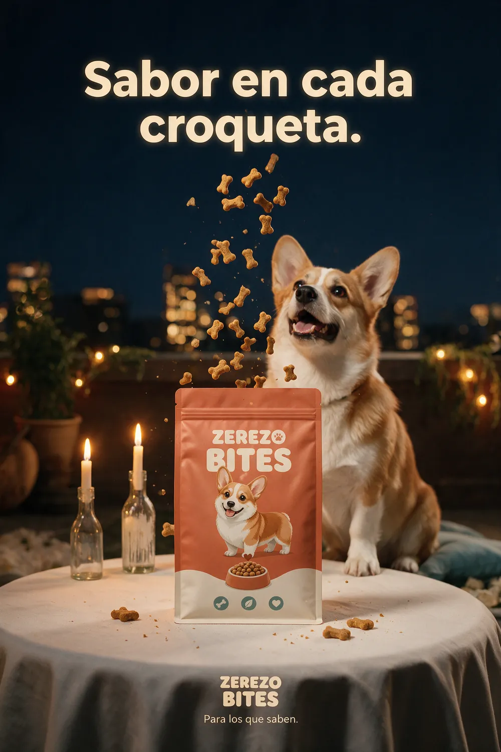 Póster de Zerezo Bites: bolsa de croquetas y lluvia de croquetas junto a un corgi en una azotea de noche, eslogan Sabor en cada croqueta