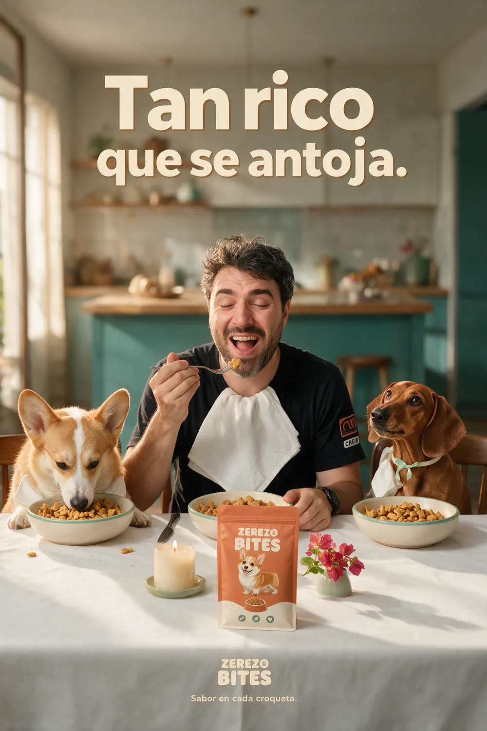Póster de Zerezo Bites: el director cenando croquetas en la mesa con el corgi y la salchicha, eslogan Tan rico que se antoja